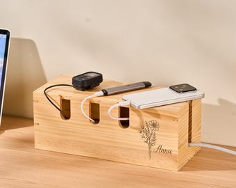 Gepersonaliseerde kabelopbergdoos, aangepaste naam koordstopper, bruidsjonkerscadeau, Vaderdagcadeau voor mannen, cadeau minnaar technische gadget, houten bureaudoos