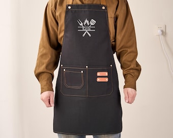 Gepersonaliseerde canvasschort voor mannen en vrouwen, aangepaste BBQ-kokschort met naam, barista-schort met verstelbare riem, cadeau voor vader echtgenoot