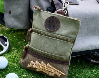 Vintage canvas golftas, golfbalhouder met monogram, leren organizer golfshirt, aangepaste golftasbijlage, golfer EDC-uitrusting
