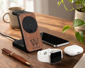 Gepersonaliseerd 3-in-1 draadloos laadstation, op maat gemaakt houten MagSafe-oplaadstation, cadeau voor bruidsjonker, cadeau voor vriend, technisch vaderdagcadeau