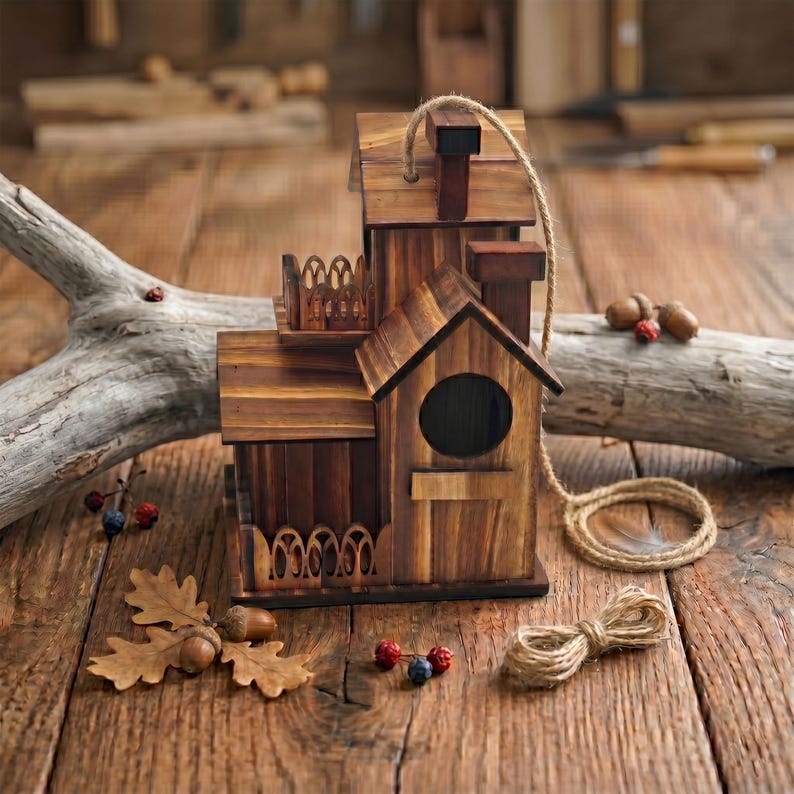 May include: A handcrafted wooden birdhouse with a chimney, balcony, and round entry hole. The birdhouse is made of various shades of brown wood and has a rope for hanging. Acorns and oak leaves are scattered around the base, suggesting a rustic theme.