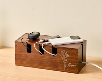 Houten kabelbeheerdoos, snoeropberger bureau, minimalistische stekkerdoosverberger, op maat gemaakte draadverberger, opstelling thuiskantoor, WFH-accessoires