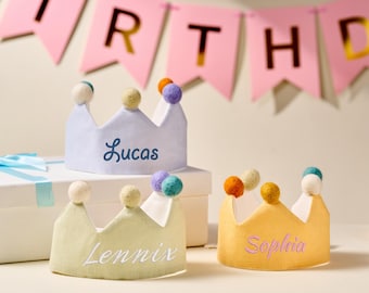 Handgeborduurde linnen kroon voor kinder- en kinderverjaardagen, gepersonaliseerde cadeaus | Aandenken voor eerste verjaardagsfeestje | Neutrale verjaardag