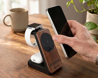 3 in 1 Wood Charging Station, Minimalist Desk Organizer, iPhone and Apple Watch Stand, Wooden MagSafe Dock, Bedside Nightstand Charger