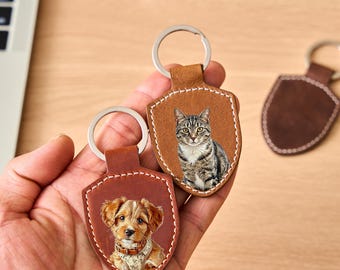 Aangepaste huisdier portret sleutelhanger, gepersonaliseerde leren hond sleutelhanger, huisdier Memorial cadeau, kat moeder sleutelhanger, gegraveerde hond foto charme, huisdier verlies cadeau