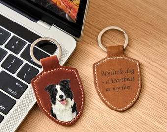 Gepersonaliseerde lederen huisdiersleutelhanger, op maat gegraveerde hondentasbedel, UV-bedrukte sleutelhanger kattenfoto, rustieke autosleutelaccessoire voor huisdiereigenaar
