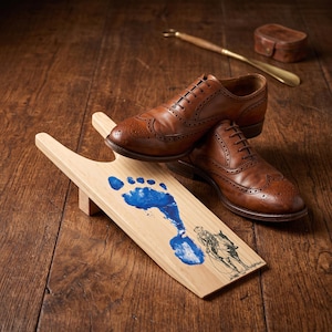 May include: A pair of brown leather brogue shoes with a wooden shoe stretcher featuring a blue footprint and a sketch of a person on a horse. A shoe horn and small leather case are also visible.