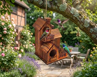 Gepersonaliseerde houten kolibriehuis | Vogelhuisje met aangepaste naam voor buiten | Uniek tuincadeau voor moeder en oma | Rustiek tuindecor
