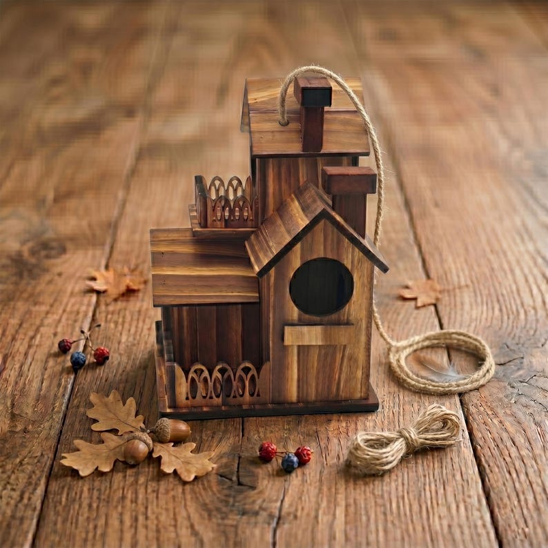 May include: A multi-level wooden birdhouse with a chimney, round entry hole, and decorative railing. The birdhouse is made of stained wood and has a rope for hanging. Acorns and leaves are scattered around the birdhouse.