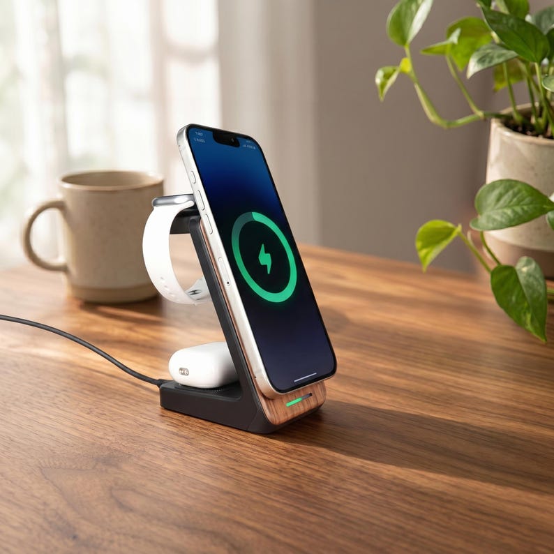 Op de afbeelding: Een zwart en houtnerf oplaadstation met een smartphone, smartwatch en draadloze oortelefoons. De smartphone toont een groen oplaadsymbool. Een witte smartwatch en draadloze oortelefoons zijn ook aanwezig. Op een houten oppervlak.