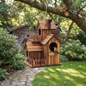 May include: A multi-level wooden birdhouse with a chimney, balcony, and decorative fence. Three hummingbirds perch on the birdhouse. The birdhouse is suspended from a tree branch with a natural background of greenery and a stone pathway.