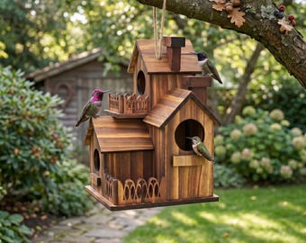 Handgemaakt houten kolibriehuis | Vogelopvang van natuurlijk hout voor buiten | Hangende vogelnestkast | Cadeau voor wilde vogelliefhebber