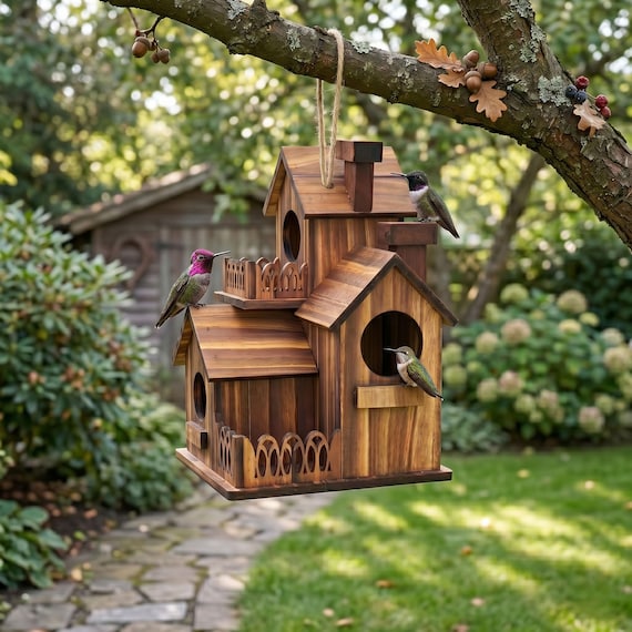 Handcrafted Wooden Hummingbird House | Natural Wood Bird Shelter for Outdoors | Hanging Bird Nesting Box | Wild Bird Lover Gift