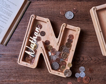Piggy Bank Personalized Wooden Kids Letter Piggy Bank Custom initial Name Coin Bank, initial piggy bank, Wood Alphabet Letter Bank Money Box