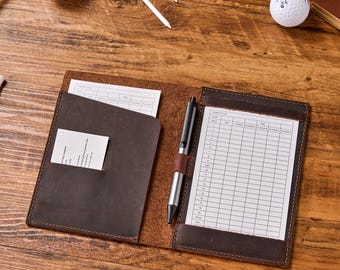 Premium volnerf lederen golfscorekaarthouder, rustieke boekomslag golfterrein, handgemaakte aangepaste golfdagboek, luxe golfaccessoires