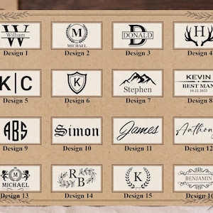 Op de afbeelding: Een display van 16 gepersonaliseerde ontwerpopties, elk binnen een rechthoekig kader. De ontwerpen bevatten initialen, namen en decoratieve elementen zoals lauwerkransen en geweien, allemaal in zwart tegen een beige achtergrond. De tekst bevat namen als William, Michael, Donald en Kevin.