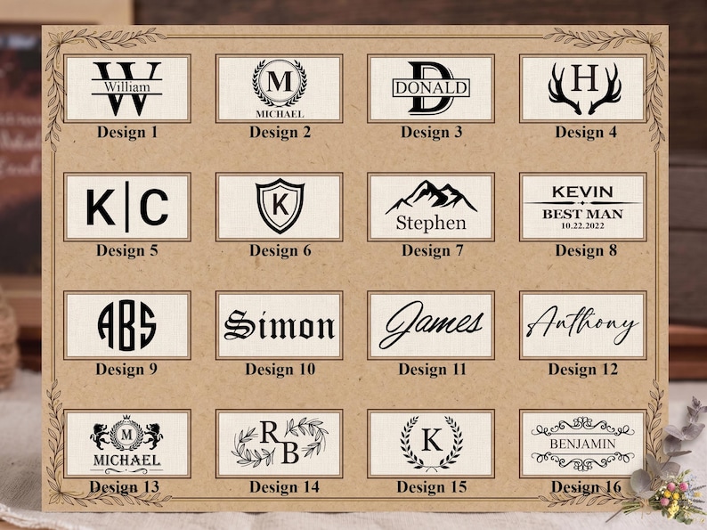 Op de afbeelding: Een display van 16 gepersonaliseerde ontwerpopties, elk binnen een rechthoekig kader. De ontwerpen bevatten initialen, namen en decoratieve elementen zoals lauwerkransen en geweien, allemaal in zwart tegen een beige achtergrond. De tekst bevat namen als William, Michael, Donald en Kevin.