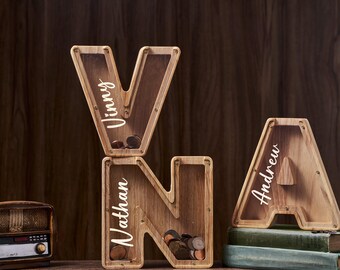 Custom initial Coin Bank, Wooden Name Piggy Bank Personalized Coin Bank Initial Money Box for Boys and Girls, Nursery Gift, Newborn Gift