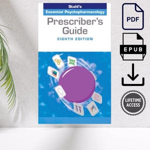 May include: A book cover for "Stahl's Essential Psychopharmacology Prescriber's Guide, Eighth Edition." The cover features a white top section with the title and a blue lower section with a purple circle and illustrated icons.