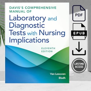 May include: A book cover for "Davis's Comprehensive Manual of Laboratory and Diagnostic Tests with Nursing Implications, Eleventh Edition." The cover features a blue and green wave design with the title in large, bold letters. Icons for PDF, EPUB, and lifetime access are also visible.