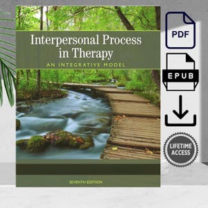 May include: Book cover titled "Interpersonal Process in Therapy" with a nature scene of a wooden walkway over a stream. The cover has a green and white color scheme. The book is labeled "Seventh Edition" and includes PDF and EPUB download options.