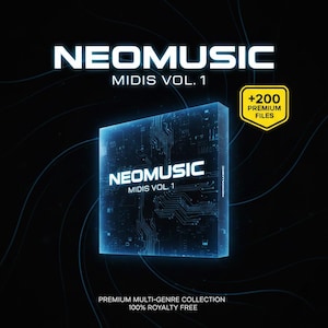 May include: A digital product box with the text "NEOMUSIC MIDIS VOL. 1" in white, set against a dark blue background with glowing lines. A yellow badge indicates "+200 PREMIUM FILES". The product is a premium multi-genre collection, 100% royalty free.