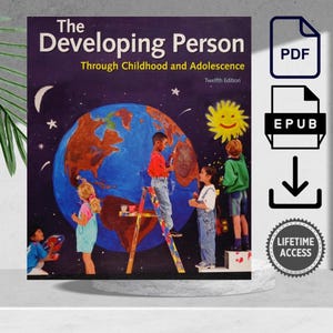 May include: Book cover titled "The Developing Person Through Childhood and Adolescence." The cover art depicts children painting a globe against a dark blue starry background. Includes PDF and EPUB download icons.