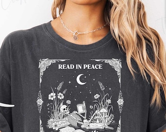Read in Peace T-shirt, skelet boek shirt, skelet lezing T-shirt, boekenliefhebber Halloween, Halloween, leesgrage Halloween-shirt