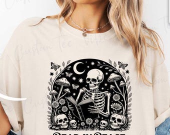 Read in Peace T-shirt, skelet boek shirt, skelet lezing T-shirt, boekenliefhebber Halloween, Halloween, leesgrage Halloween-shirt