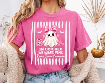 Comfort Colors®In October We Wear Pink Ghost Sweatshirt, Breast Cancer Awareness Tee, Pink Ribbon Halloween Shirt, Survivor Gift