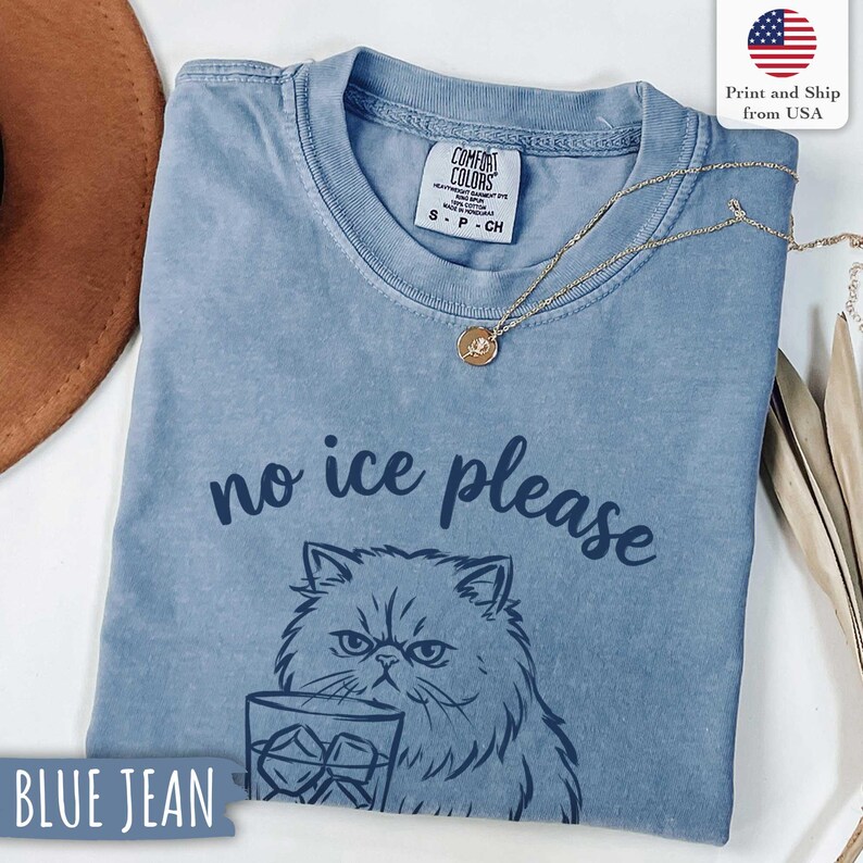 Puede incluir: Camiseta azul vaquero con la frase "no ice please" y un dibujo de un gato gru&ntilde;&oacute;n con una bebida. Un collar dorado con un colgante est&aacute; sobre la camiseta. La camiseta tiene una etiqueta Comfort Colors.