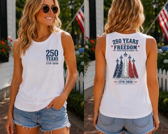 Camiseta sin mangas con estampado de avión de combate (1776-2026), camiseta del 4 de julio, 250 años de libertad, camiseta patriótica con estampado frontal y trasero, gráfico de EE. UU.