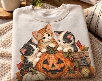 Vintage 90s Cat Halloween Sweatshirt, Retro Black Cat Shirt, Spooky Season Crewneck, Pumpkin Graphic Tee, Cat Lover Halloween Gift