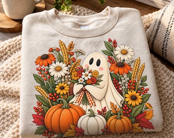 Halloween Ghost Sweatshirt, Spooky Wildflower Tee, Cute Floral Ghost Shirt, Vintage Fall Crewneck, Halloween Gift for Her
