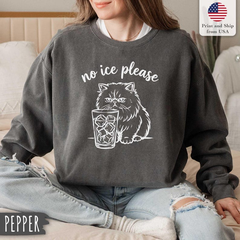 Puede incluir: Sudadera gris oscuro con un gr&aacute;fico blanco de un gato esponjoso y un vaso de hielo, con el texto "no ice please" encima del gato. La sudadera es de estilo casual.