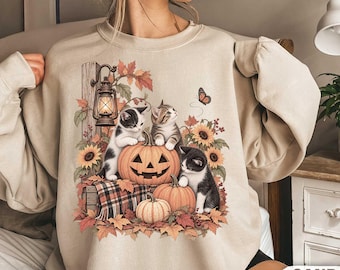 Vintage 90s Cat Halloween Sweatshirt, Retro Black Cat Shirt, Spooky Season Tee, Pumpkin Graphic Top, Cat Lover Halloween Gift