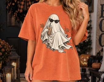 Ghost Drinking Coffee Shirt, Comfort Colors Halloween Tee, Retro Iced Latte Ghost Tee, Spooky Season Coffee Lover Fall Gift