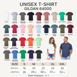 May include: A variety of unisex Gildan 64000 t-shirts in various colors, including white, black, and navy. Sizes range from S to 2XL, with width measurements from 18 to 26 inches and lengths from 28 to 32 1/2 inches.
