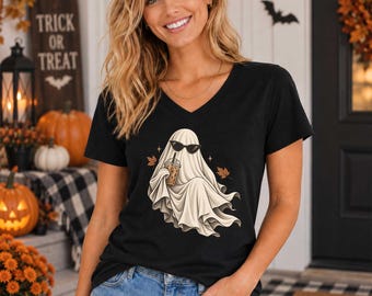 Ghost Drinking Coffee Women's V-Neck Shirt, Halloween Tee, Retro Iced Latte Ghost Tee, Spooky Season Coffee Lover Fall Gift Bella Canvas®