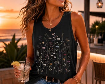 Camiseta sin mangas Comfort Colors® Vintage con estampado de flores prensadas, estilo bohemio campestre, regalo para jardineros, estampado botánico floral de flores silvestres.