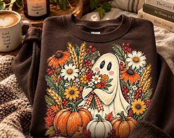 Halloween Ghost Sweatshirt, Spooky Wildflower Tee, Cute Floral Ghost Shirt, Vintage Fall Crewneck, Halloween Gift for Her