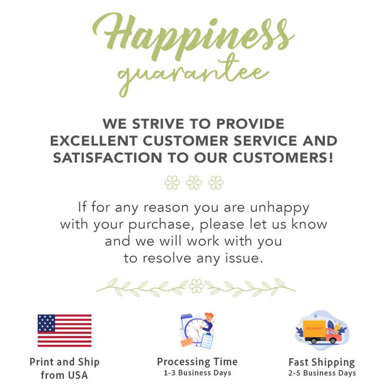 Puede incluir: Fondo blanco con el texto "Happiness guarantee" en verde. El texto promete un excelente servicio al cliente y satisfacci&oacute;n. Incluye una bandera estadounidense e informaci&oacute;n sobre el procesamiento y los plazos de env&iacute;o.