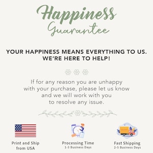 May include: A cream-colored graphic with the text "Happiness Guarantee" in green script. Below, it states "Your happiness means everything to us. We're here to help!" and details about returns and shipping.