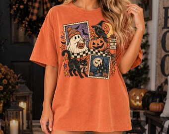 Retro Halloween Shirt, Vintage Spooky Season Sweatshirt, Pumpkin Ghost Black Cat Tee, Fall Graphic Crewneck, Halloween Gift for Her
