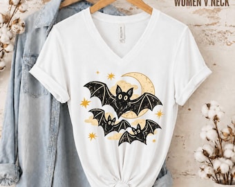 Vintage Bat Halloween Women's V-Neck Shirt,  Spooky Season Tee, Retro Gothic Witchy Shirt, Cute Fall Graphic Top, Halloween Gift for Her