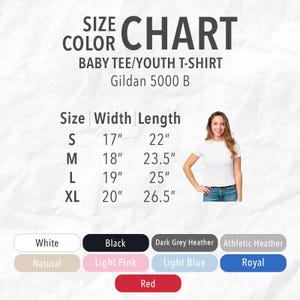 Size and color chart for Gildan 5000B Baby Tee/Youth T-Shirt, showing width and length for sizes S to XL, along with available color options including white, black, red, light pink, and more. A smiling girl in a plain white tee is shown on the right.