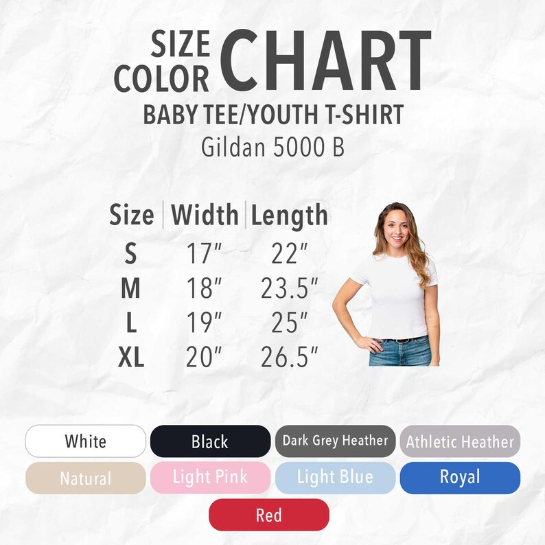 Size and color chart for Gildan 5000B Baby Tee/Youth T-Shirt, showing width and length for sizes S to XL, along with available color options including white, black, red, light pink, and more. A smiling girl in a plain white tee is shown on the right.