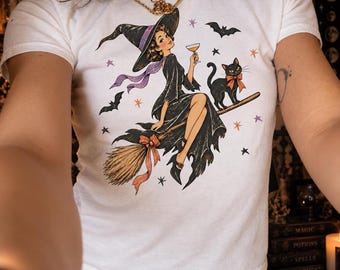Vintage Witch & Cat Baby Tee, Halloween Black Cat Shirt, Retro Witchy Salem Top, Spooky Pumpkin Graphic Tee, Fall Halloween Gift