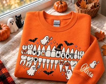Custom Name Dental Sweatshirt, Dentist Halloween Shirt, Spooky Season Tooth Crewneck, Gift For Dental Hygienist, Ghost Dentistry Apparel