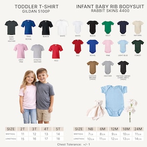 May include: A product image showcasing a variety of toddler t-shirts and infant bodysuits in various colors. The t-shirts are Gildan 5100P, and the bodysuits are Rabbit Skins 4400. Size and measurement details are provided in inches.
